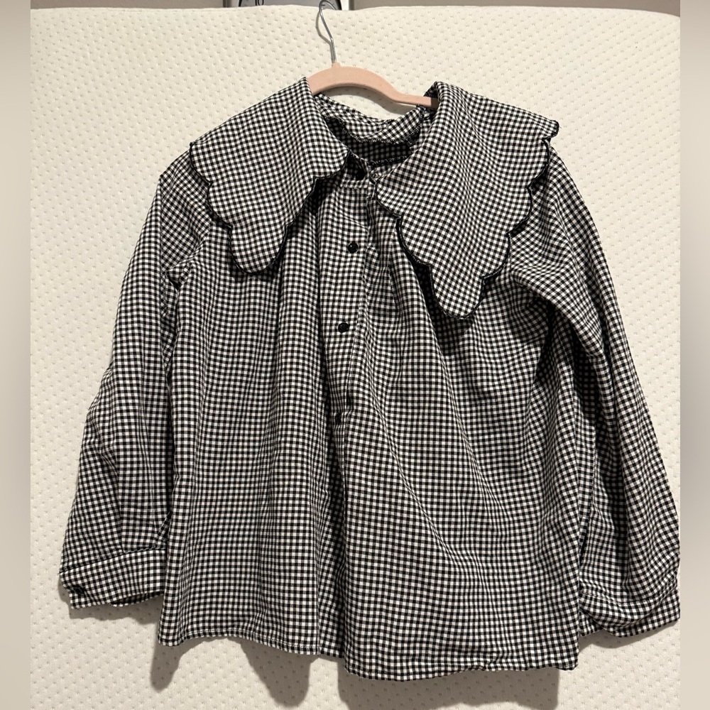 Black and White Gingham Blouse with Scalloped Collar